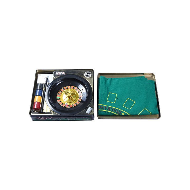 Set Permainan Kasino 5-in-1 – Roulette, Poker, Black Jack, Craps, Dadu Poker dalam Timah Logam