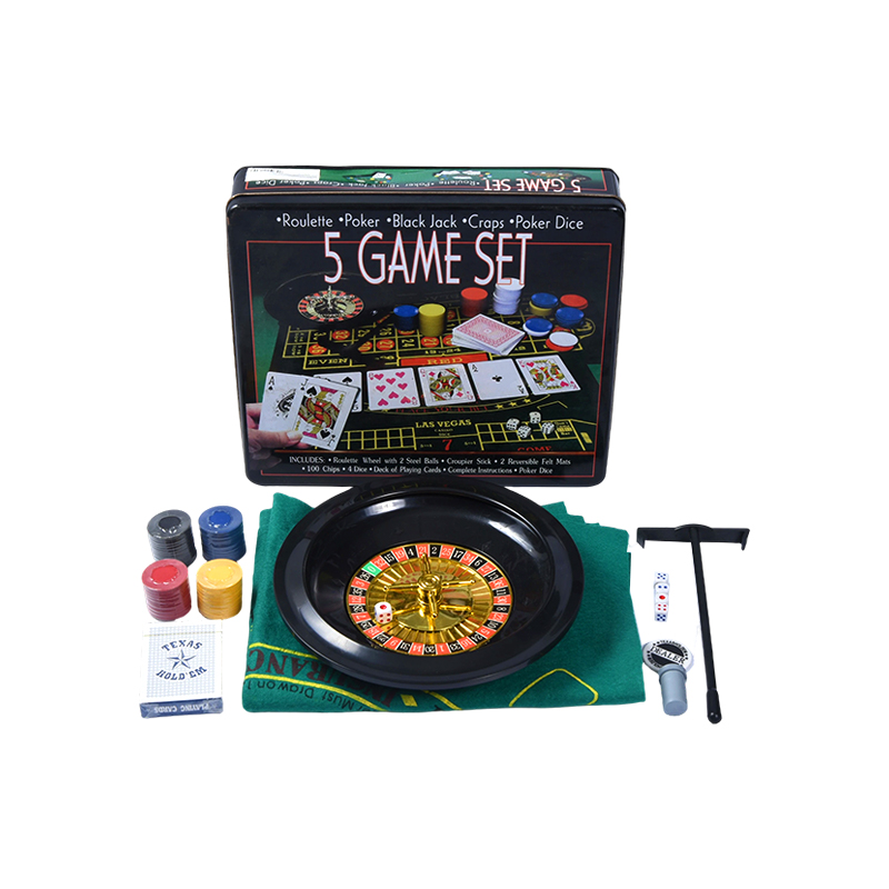Set Permainan Kasino 5-in-1 – Roulette, Poker, Black Jack, Craps, Dadu Poker dalam Timah Logam