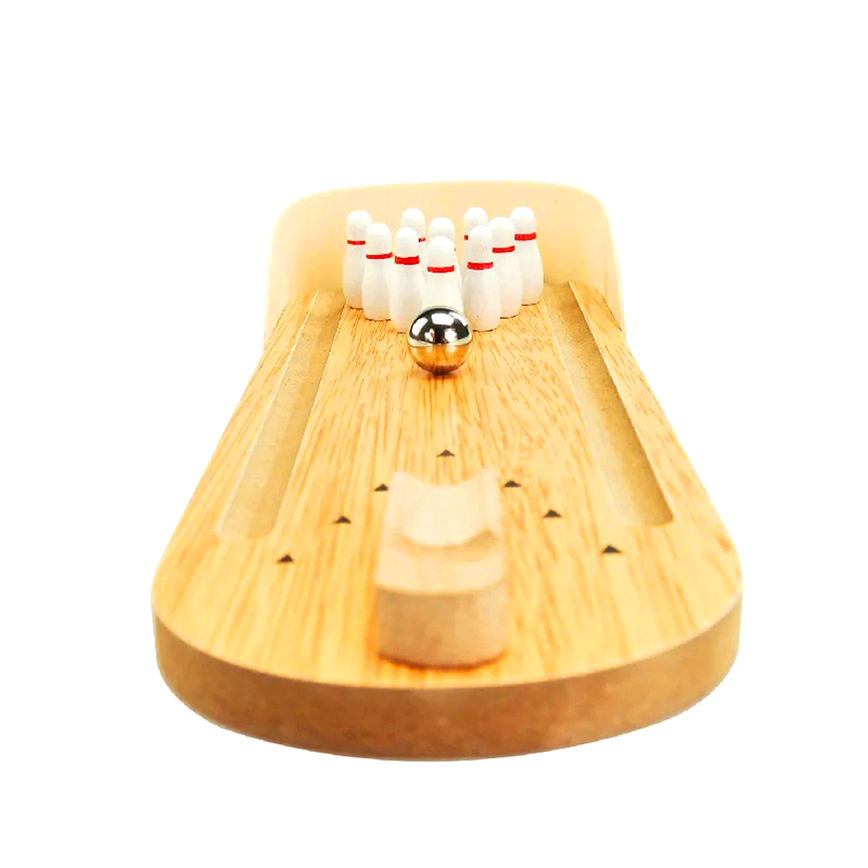 Set Kayu Ringkas dengan Bola Baja dan Pin Permainan Bowling Desktop Mini