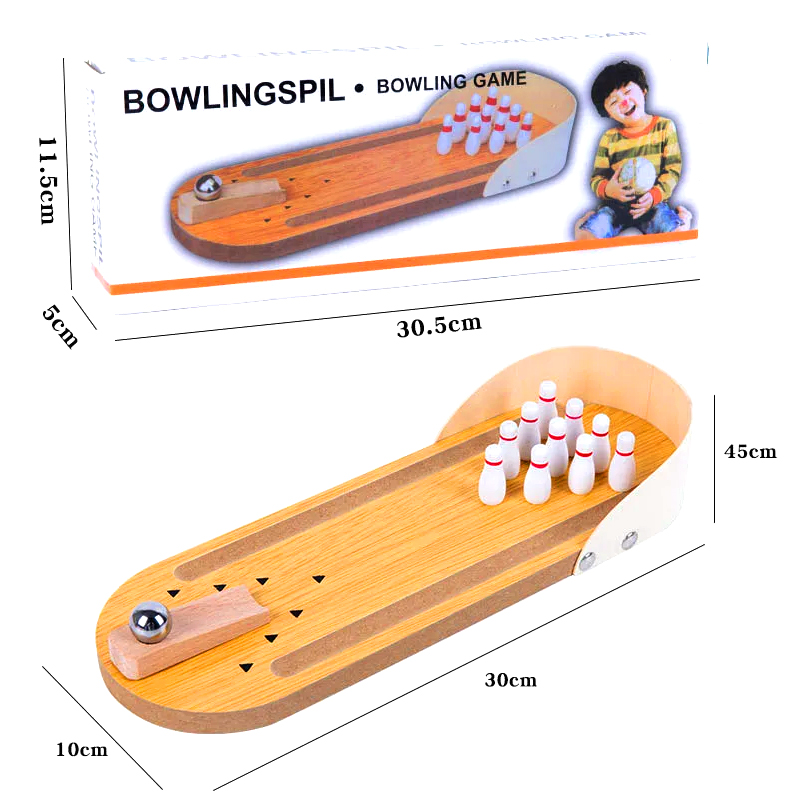 Set Kayu Ringkas dengan Bola Baja dan Pin Permainan Bowling Desktop Mini