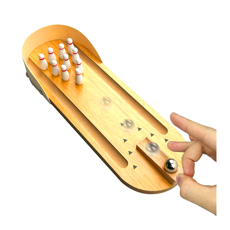 Set Kayu Ringkas dengan Bola Baja dan Pin Permainan Bowling Desktop Mini