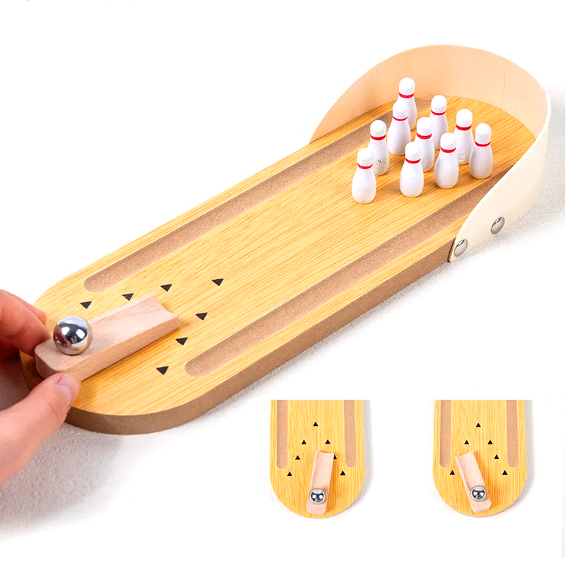 Set Kayu Ringkas dengan Bola Baja dan Pin Permainan Bowling Desktop Mini