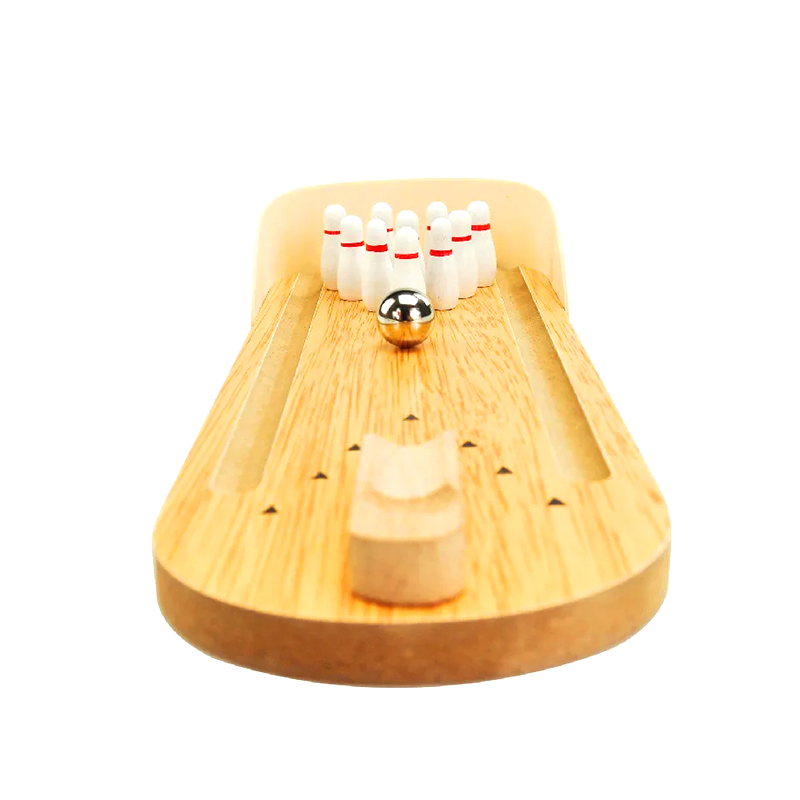 Set Kayu Ringkas dengan Bola Baja dan Pin Permainan Bowling Desktop Mini