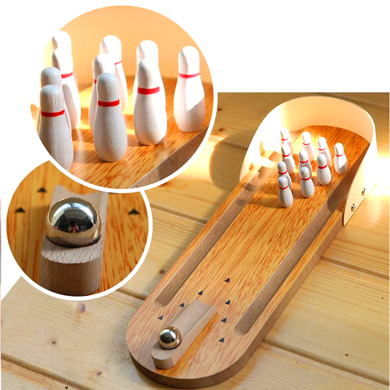 Set Kayu Ringkas dengan Bola Baja dan Pin Permainan Bowling Desktop Mini